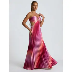 2026-2026-2027 Pink Ombre Pleated Satin Cutout Backless Maxi Dress with Halter Neckline & Open Tie-Back Design for Formal Events - Fabric long formaldresses