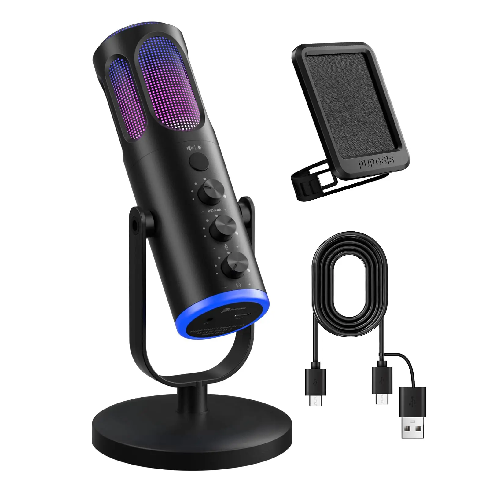 PUPGSIS RGB USB Condenser Gaming Microphone, Noise Cancellation Mic with One-Touch Mute & Monitoring Jack, Pop Filter Included, Plug & Play for PC Streaming Podcast Gaming Black
