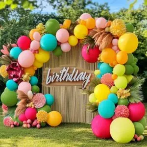 Tropical balloons arch pink and green balloons orange gold balloons pastel yellow balloon garland teal balloons for flamingo beach hawaiian luau aloha summer birthday baby shower party decorations