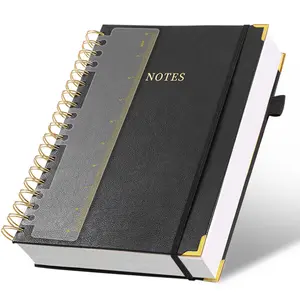 Hardcover Spiral Notebook 8"x10" Journal Notebook with Tabs and Removable Dividers 300 Pages 5 Subject Notebook College Ruled, Faux Leather Spiral Bound Notebook for Women School Work (Black)