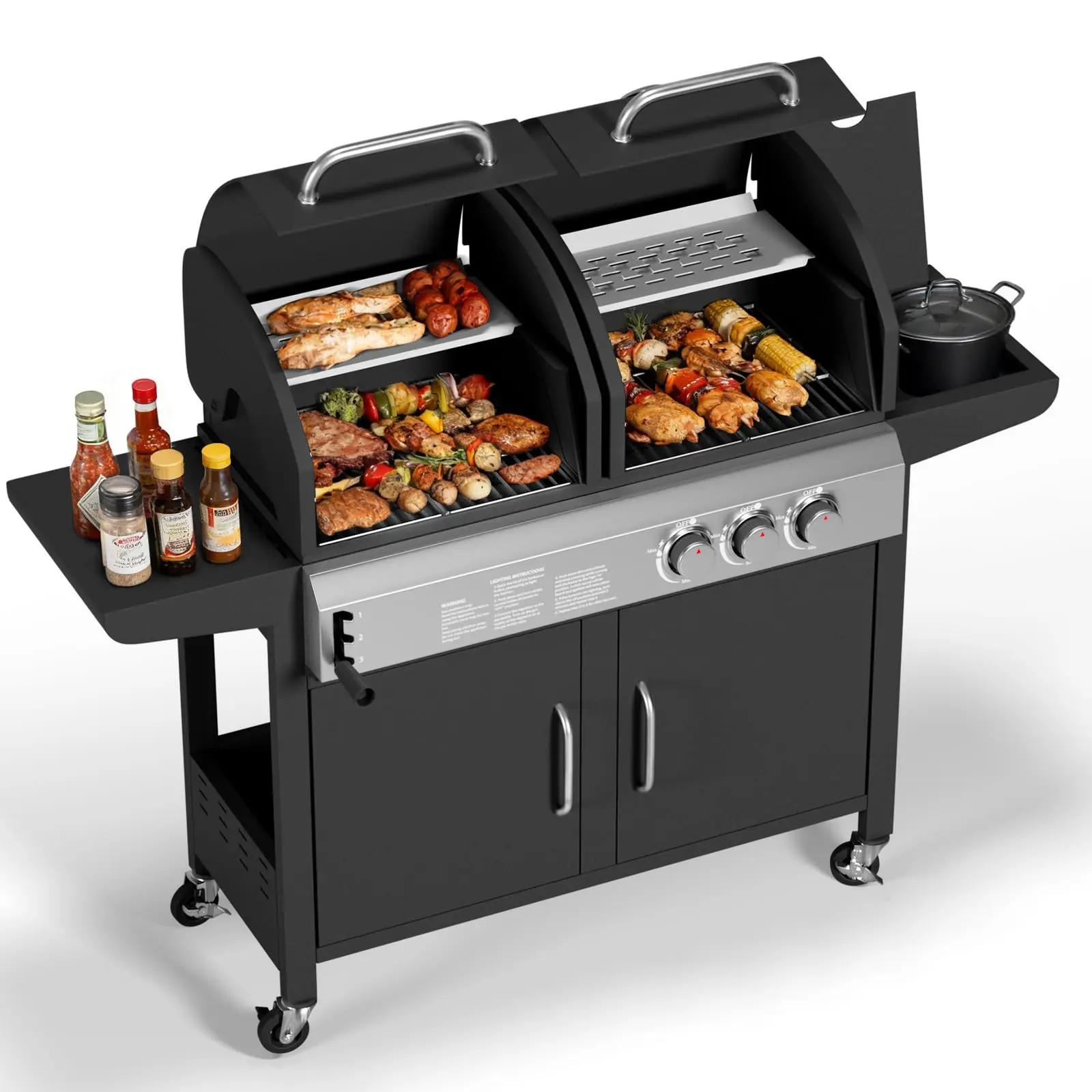 3 Burner Propane Gas & Charcoal Grill Combo with Side Burner, Outdoor Dual Fuel Grill with Storage Cabinet for Patio, Party, Kitchen, Backyard