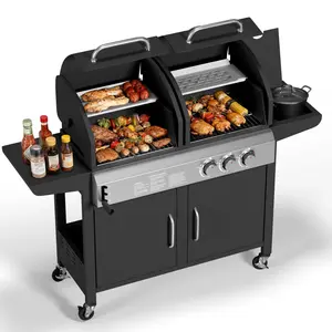 3 Burner Propane Gas & Charcoal Grill Combo with Side Burner, Outdoor Dual Fuel Grill with Storage Cabinet for Patio, Party, Kitchen, Backyard