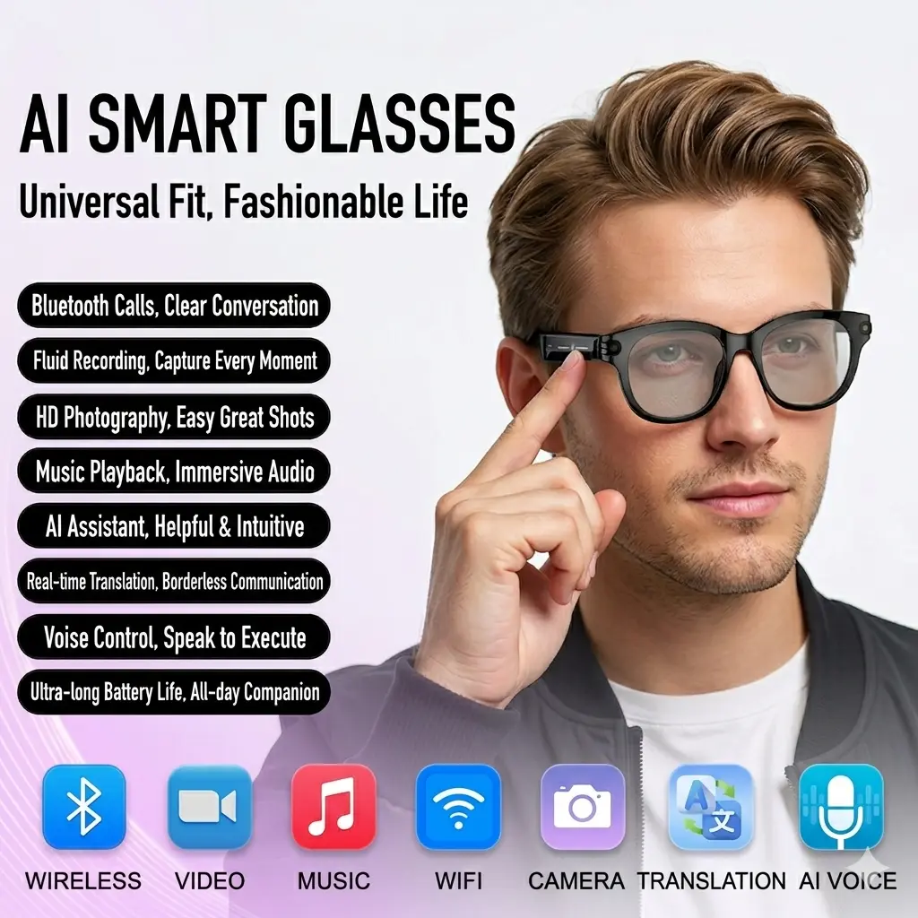 Smart AI Camera Glasses，Button Touch Adjustment for Travel Outdoor Adventures Hands-Free Photography 160+Languages Real-Time Translation Bluetooth Wireless Wearable Video Recording UV Protection ,Easter gift
