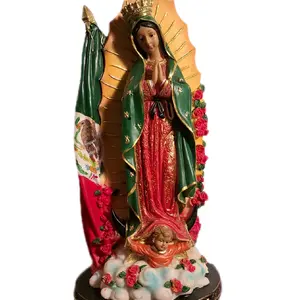 12.5 Virgen Maria Statue with Flag and Detailed Red Roses Religious Art Decor