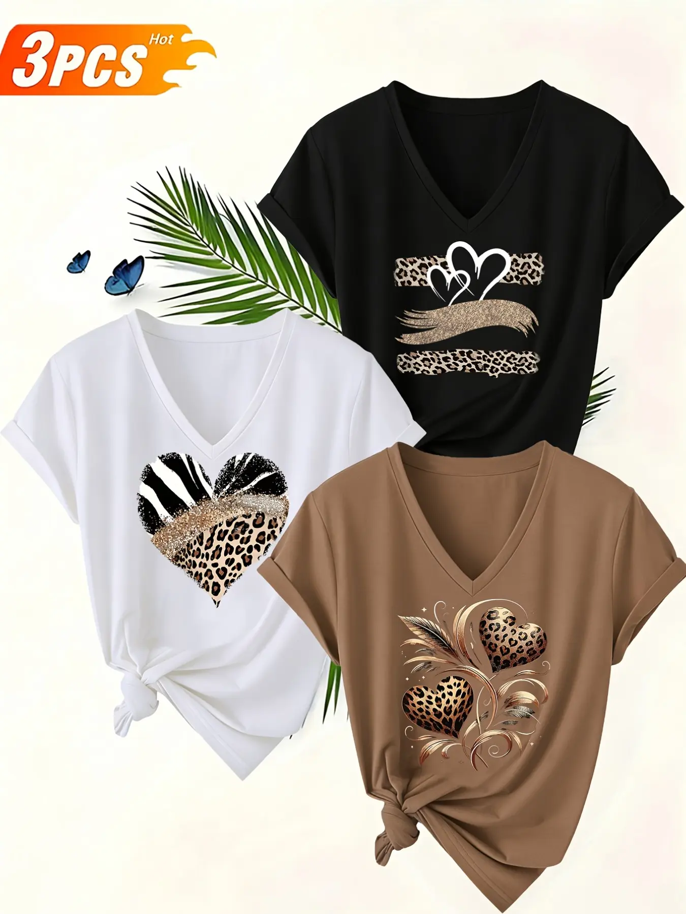 Women's 3-Piece Leopard Print V-Neck Short Sleeve Summer T-Shirt, Soft Breathable Fabric, Medium Stretch, Fit, Clear Print, Casual Fashion Essential, Top, Lady