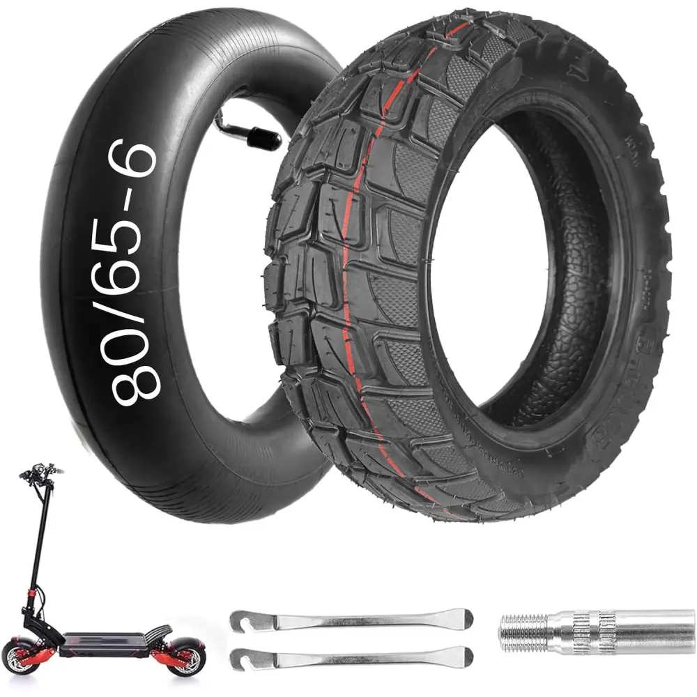 10 Inch Scooter Tire and Inner Tube Set (80/65-6, 255x80) with Wear-Resistant Non-Slip Grooved Tread, Highly Elastic Design, Heat Resistance, Bent Valve, Extension & 2 Tire Levers, Water Repellency, Heat-Resistant