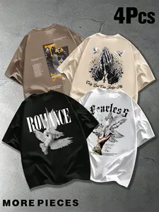 Men's 4-Pack Bestselling Letter Dove, Pigeon & Gypsum Art Print Round Neck Short Sleeve T-Shirt, Daily Casual Comfort Top