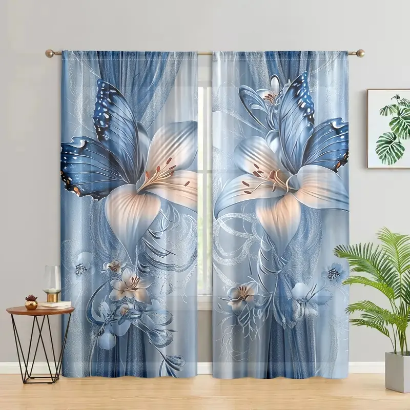 2 pieces, blue butterfly floral curtains, modern art design, pole pocket style, semi sunshade polyester fiber, Window decorations supplies, Room Decor Curtain, Curtain For Windows, suitable for home window decoration, anti privacy, easy to clean