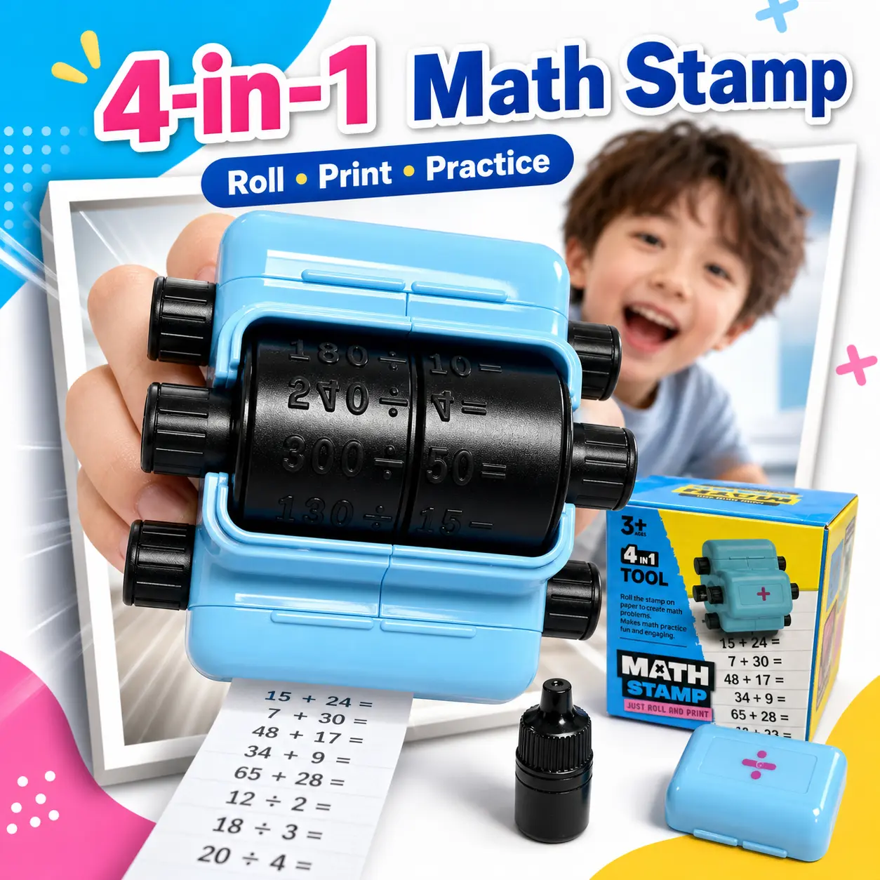 4-in-1 Math Roller Stamp - Unisex Toddler Learning Activities Tool for 4-6 Years, Practice for Addition, Subtraction, Multiplication, Division, Preschool & School Educational Toy