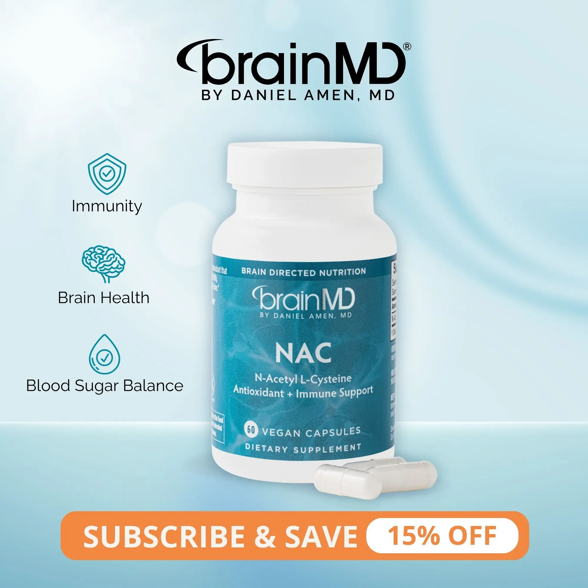 NAC (N-Acetyl L-Cysteine) | BrainMD | 60 Capsules | Antioxidant & Detox Support | Brain Health & Immune Support | 600mg NAC