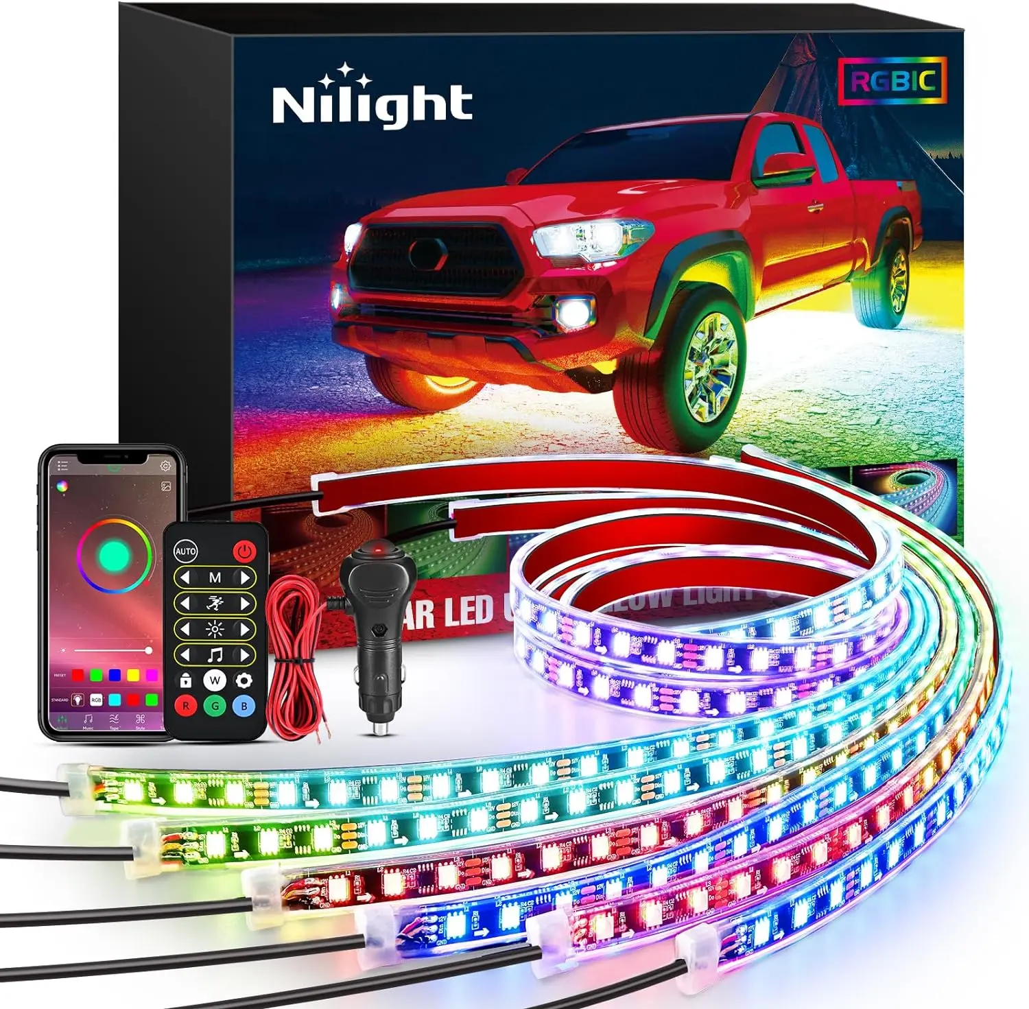 Nilight 6Pcs RGB-IC Chip Underglow LED Neon Accent Strips (300 LED Lights) - Sound-Active Music Mode, APP & Remote Control, Flexible Rubber Tube Fit, Cars DIY Fun Decor Accessories, Automotive Gift for Father's Day
