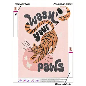 5D DIY Diamond Painting | Elegant Pink Animal Paintings With Diamond Painting Kits. A Cute And Playful Tiger On A Pink Background Tells You To "Wash Your Paws" Handmade Decorative Painting. HD 5D DIY Embroidery Mosaic Art