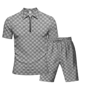 Men’s Checkerboard Jacquard Polo Shirt and Shorts Set, Casual Half Zip Short Sleeve Collared Summer Outfit, Lightweight Breathable Loose Fit Two Piece Set, Comfortable Stylish Streetwear for Daily Wear Travel Vacation Resort Lounge