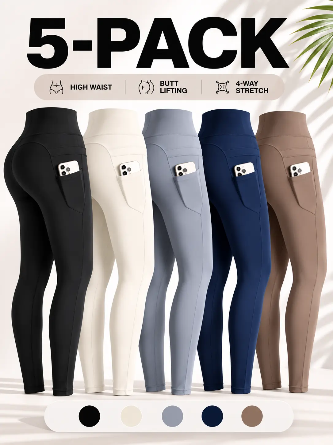 Women's Leggings 5-Pack, Sporty Chic High-Waisted Yoga Pants with Tummy Control and Side Pockets, Butt Lifting Slim-Fitting Polyester Blend, Workout Sets Women, Machine Wash, Leggings For Women, Stretchy Washable Leggings
