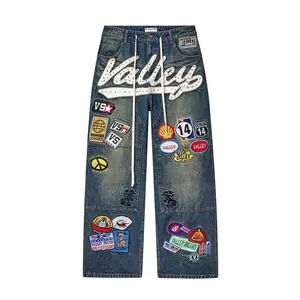 Unisex Vintage Multi Racing Patch Baggy Wide Leg Jeans, Rhinestone Script Embroidery Distressed Oversized Denim Pants Y2K Hip Hop Skater Streetwear Retro Motor Trendy Loose Bottoms
