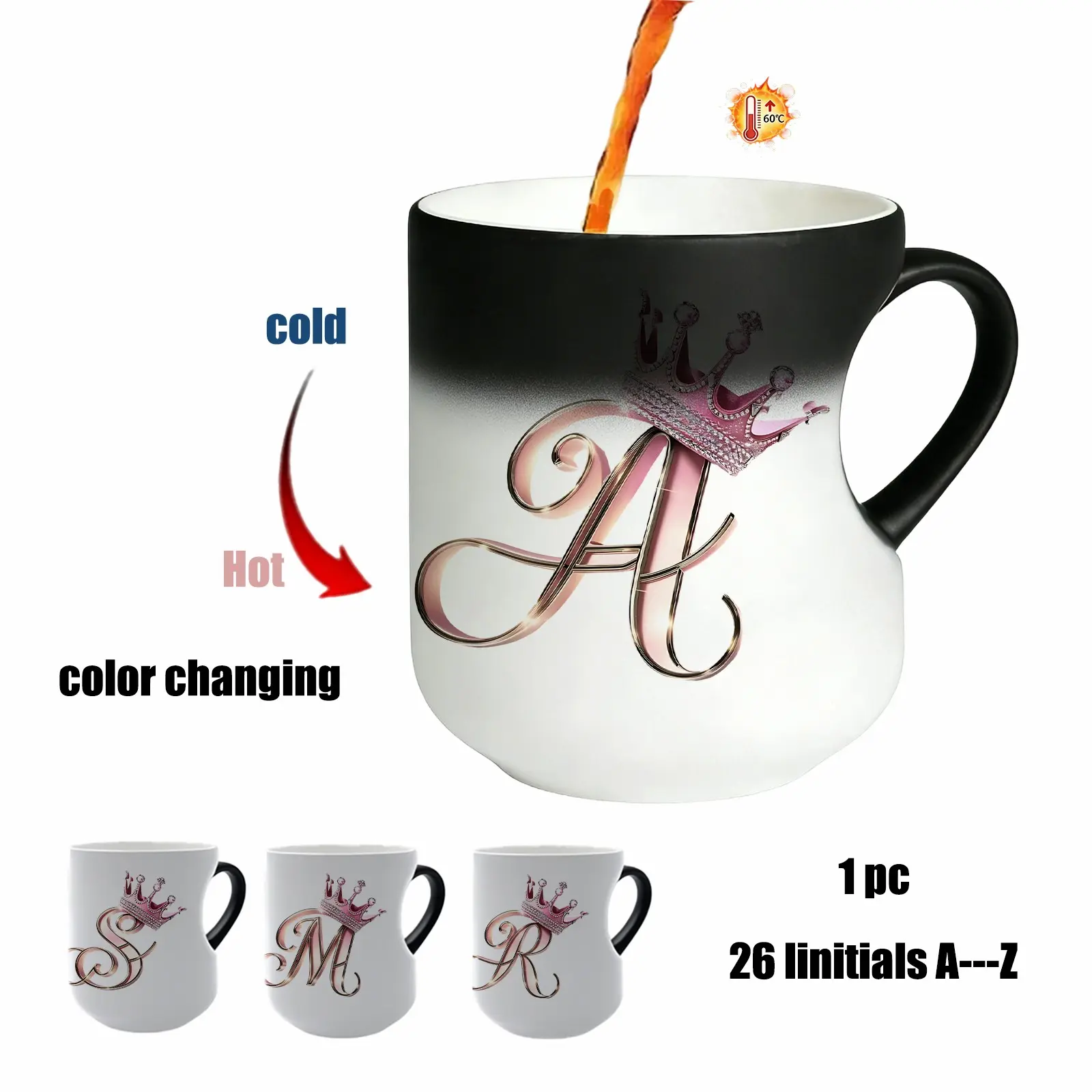 26 Letters Color Changing Ceramic Mug, Personalized Initial Crown, Heat Sensitive Coffee Mug, Magic Temperature Reveal, Birthday Gift for Women Mom Her