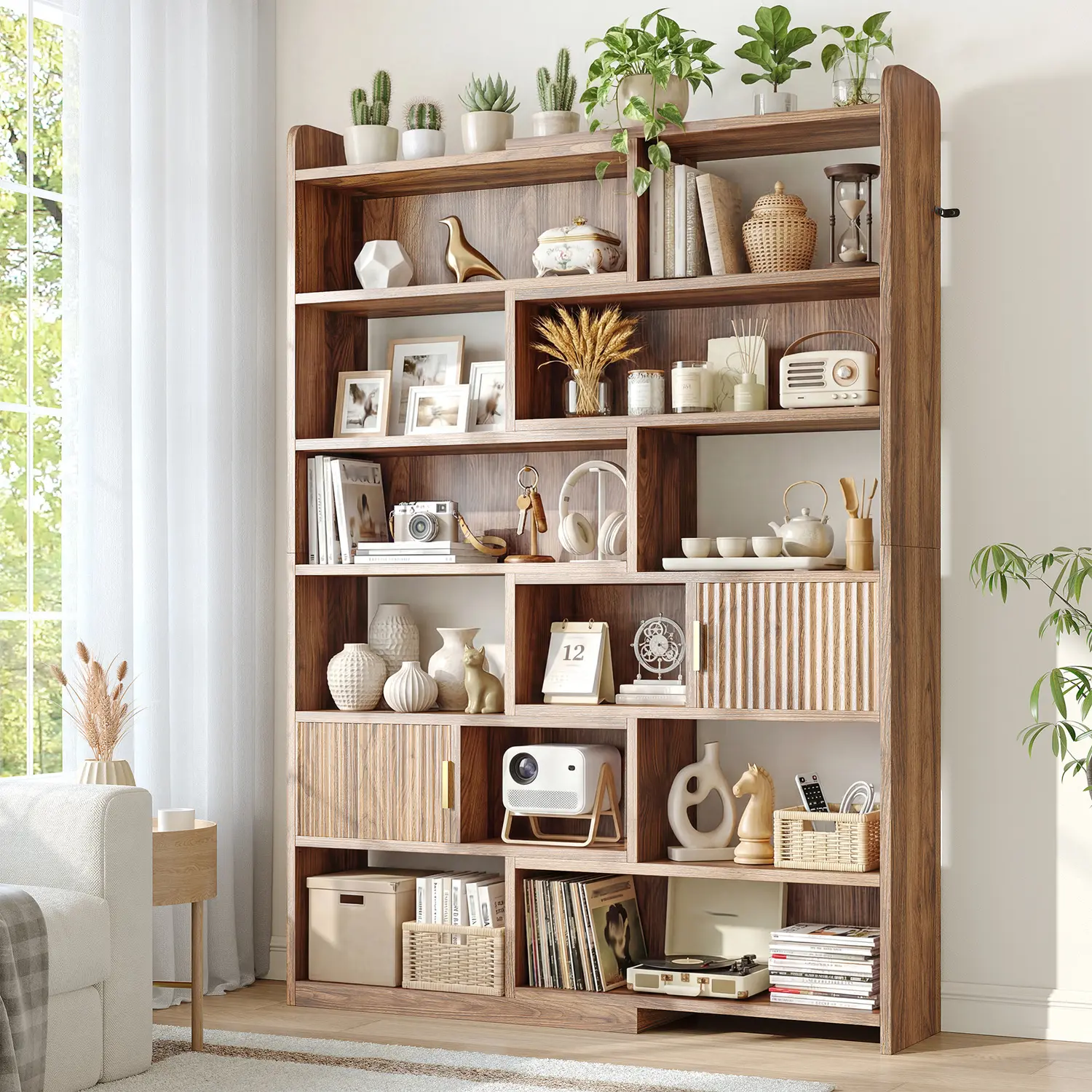 Raybee 75“ Tall 7-Tier Bookshelf, 38” 4-Tier Corner Bookcase with 2 Fluted-Door Cabinets, Modern Shape-Adjustable Wooden Book Shelves for Home Office, Living Room, Kitchen, Brown