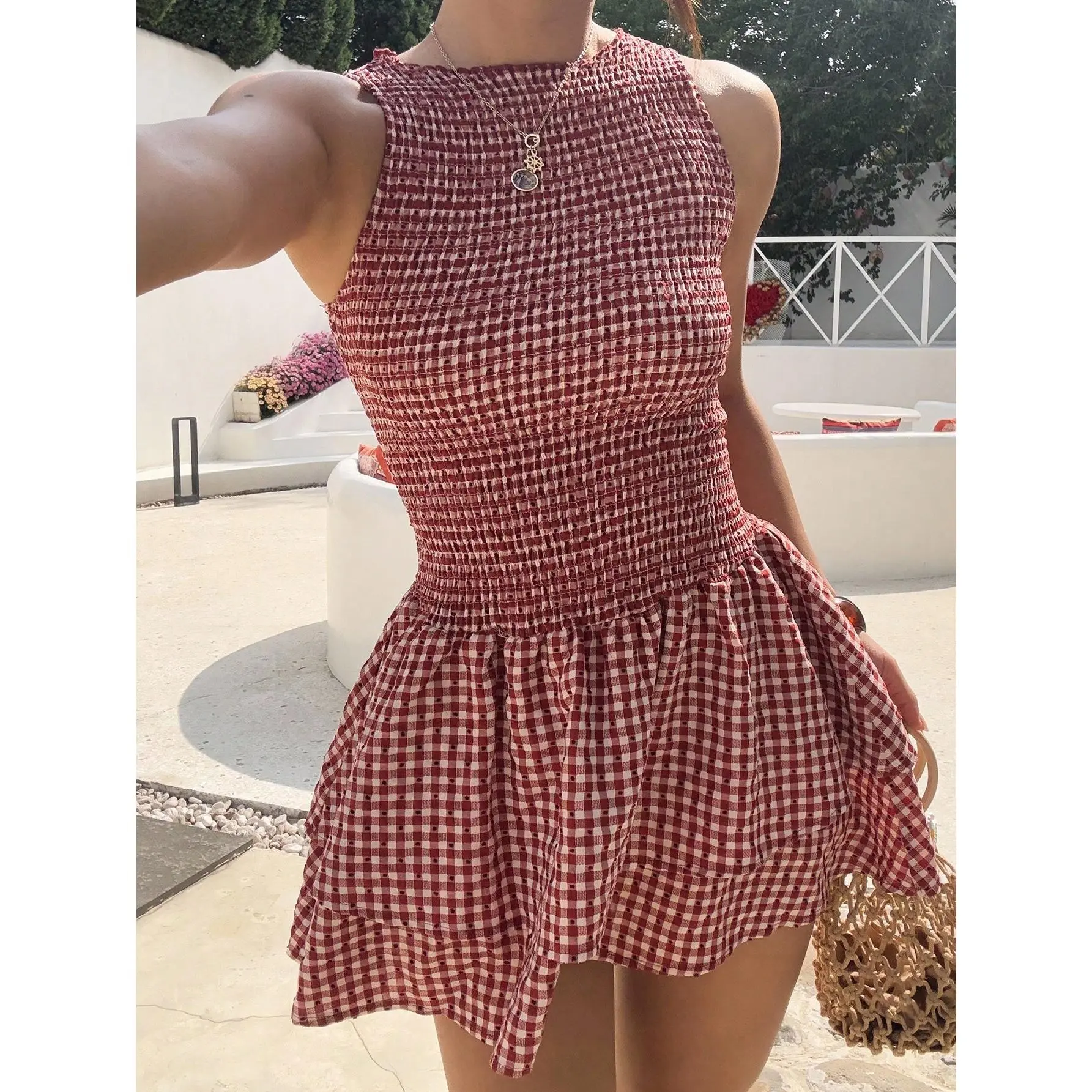Women's Slim Fit Plaid Sleeveless Summer Mini Dress with Belt, Sweet French Style Gingham Dress for Vacation