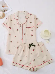 Women's Casual Loose Sleepwear Set, Strawberry Print Short Sleeve & Shorts, Comfortable Home Wear for Daily Use
