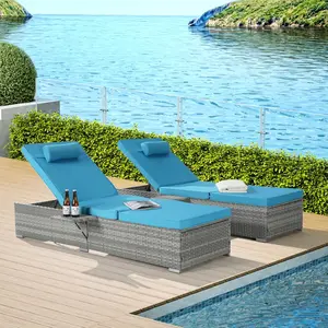Outdoor Chaise Lounge Chair Set of 2 Wicker Pool Lounge Chairs Tanning Lounges for Outside Lawn Sunbathing Chairs with Adjustable Backrest Table (Rattan Grey, Light Blue)