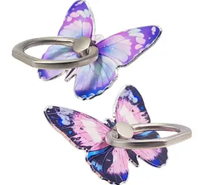 2 Pcs Butterfly Cell Phone Ring Stand Holder, Cute Butterfly Design Finger 360° Rotating Metal Hand Phone Stand Holder, with Adjustable Knob Loop (Purple, Blue)