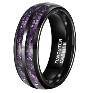 Black Tungsten Carbide Ring for Men 8mm Double Groove Purple Inlay Comfortable Fit Promise Ring Engagement Wedding Band Sizes 7-13