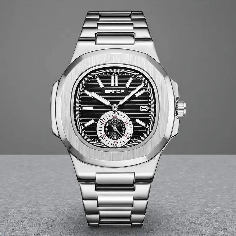 Men's stainless steel square watch dial - featuring an analog quartz movement, date and day display, water resistance, luminescence, high-quality design, and a high cost-performance ratio;