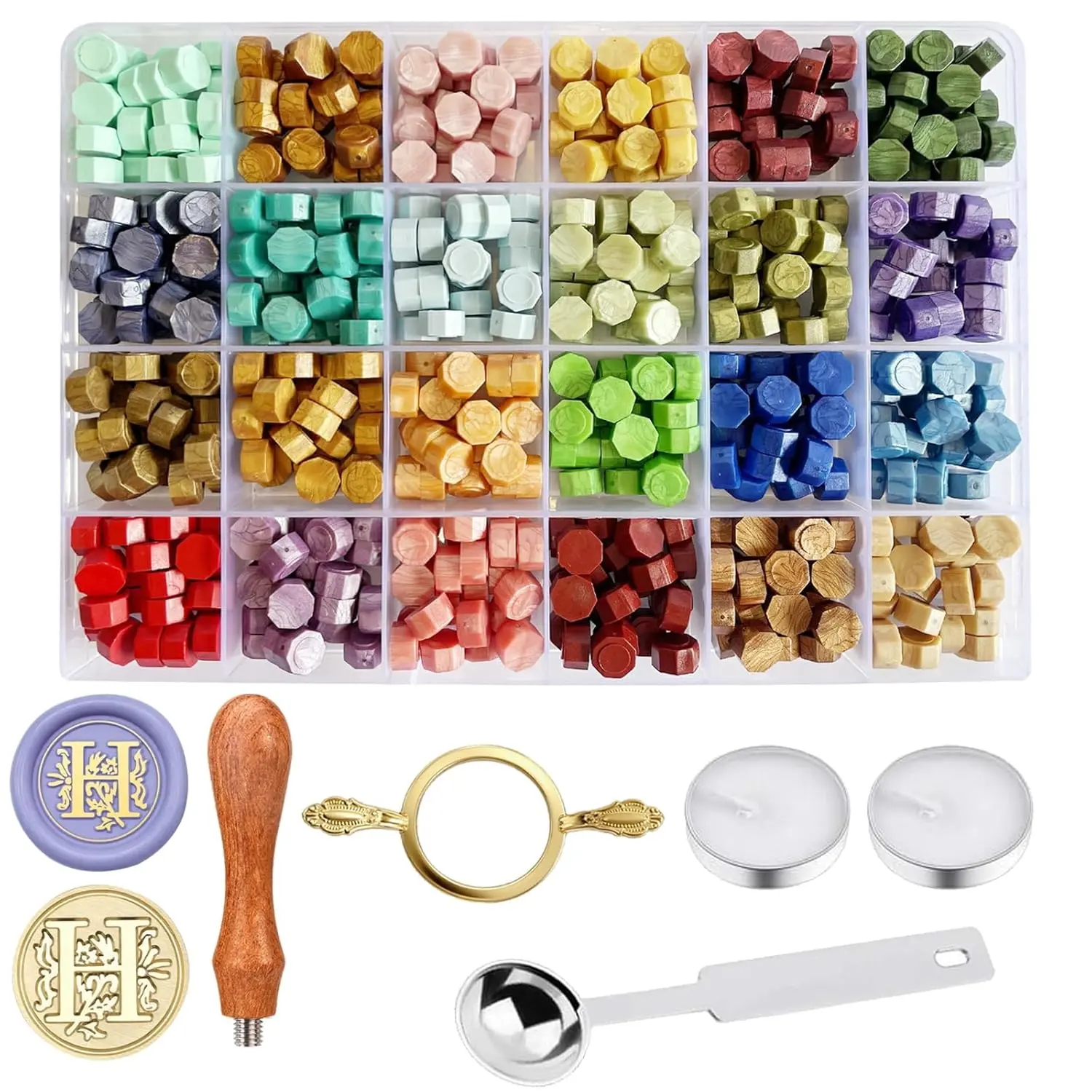 Classical Eco-Friendly Wax Seal Stamp Kit for Beginners - 24 Custom Hues Beads, Personalized Letter Stamp, Steel Melting Spoon, Tea Candles, Round Molds, Fast-Drying for Flawless Seals, Ideal for Wedding Invitations, Envelopes