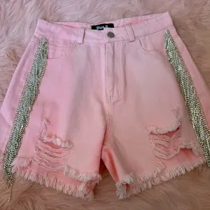 Pink Rhinestone Fringe Shorts with Distressed Design and Frayed Edges Bottoms