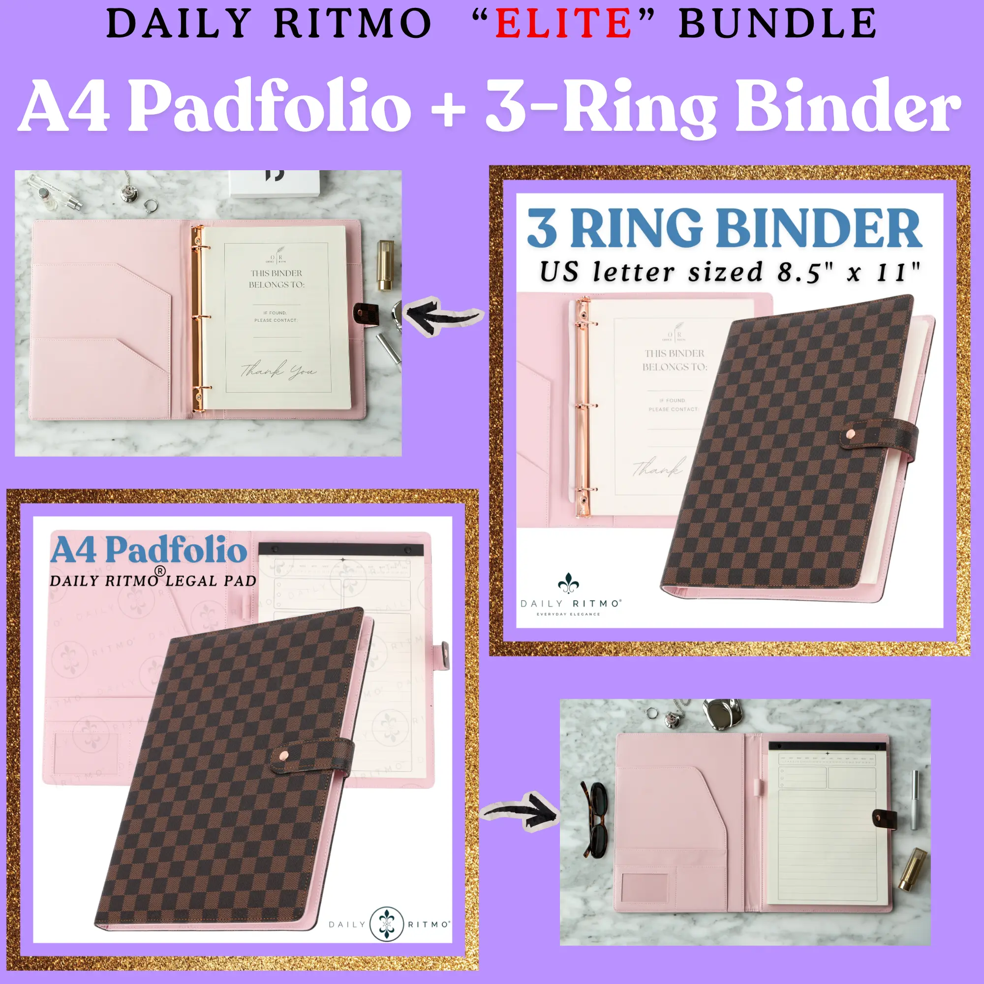 DAILY RITMO “ELITE” Bundle – Checkered A4 Padfolio & 3-Ring US Letter Binder Combo
