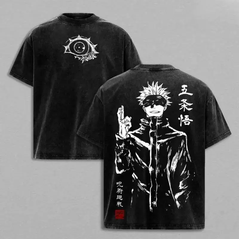 Menswear Gojo Satoru Short-Sleeve Round Neck T-Shirt - Jujutsu Kaisen Shibuya Incident/Culling Game Prelude Vintage Oversized Premium Cotton Casual Top, Double-Printed Retro Unisex Streetwear Graphic Tee for Sorcerer Fans, Shortsleeve, Double Print