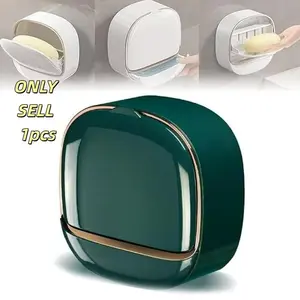 Drainage Soap Dish with Cover, Wall-Mounted Shower Soap Holder Soap Canister, Keeps Bars Dry, Waterproof Shower Soap Box, No-Drill Soap Tray, Bathroom Accessories