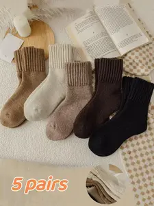 5 Pairs Unisex Mid-Calf Socks, Winter Thick Knit Warm Floor Socks, Comfortable Casual Home Wear, Daily Outdoors & Home Use