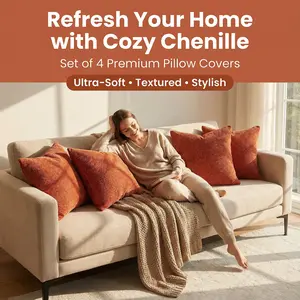 Pack of 4 Couch Throw Pillow Covers 18x18 Inch Cream Soft Decorative Chenille Pillow Covers Farmhouse Accent Cushion Covers for Boho Spring Home Decor Sofa Bedroom Living Room