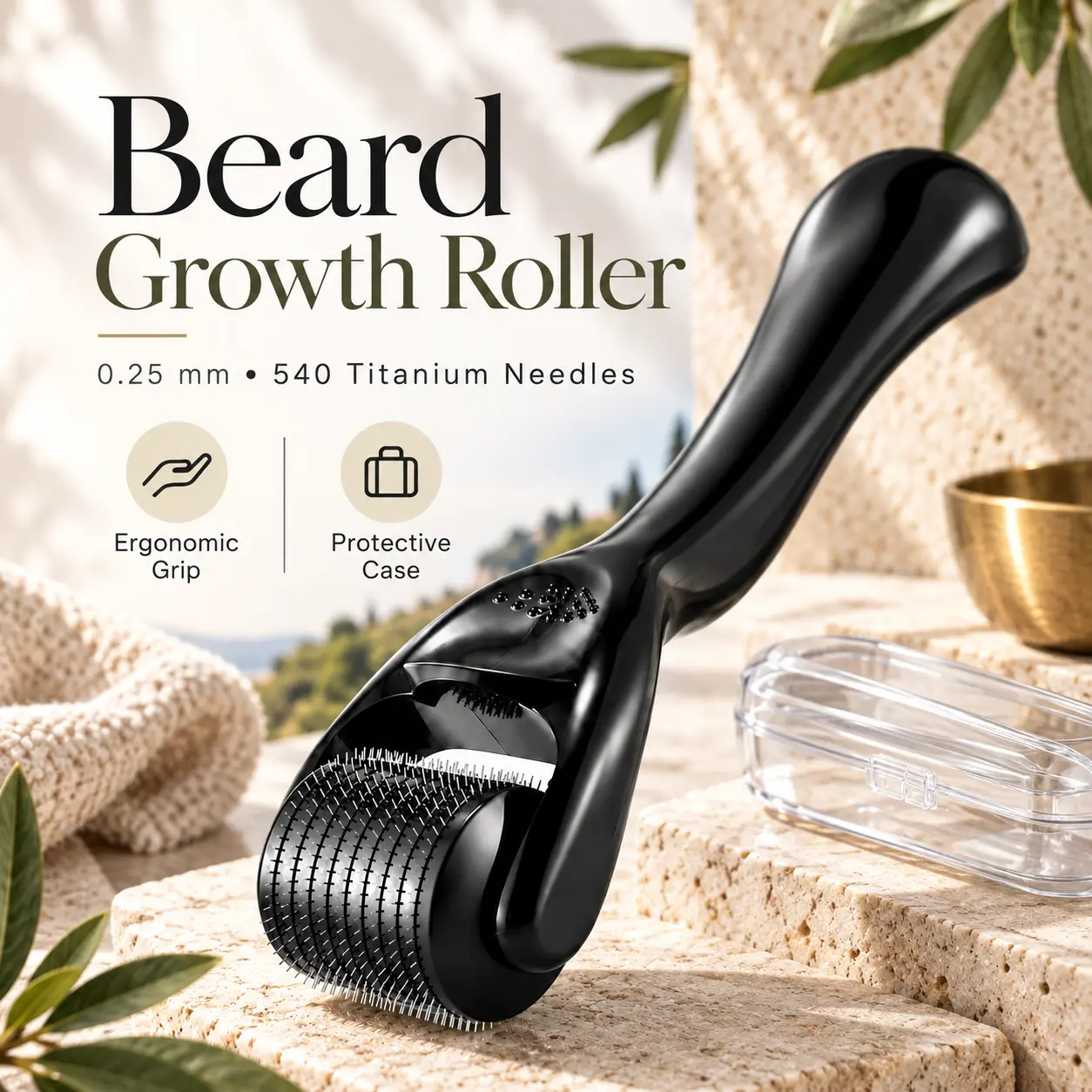 Derma Roller for Beard Growth, 0.25mm 540 Titanium Microneedle Roller for Men, Beard Roller for Face, Scalp & Hair Care, Handheld Grooming Tool with Comfortable Grip and Protective Travel Storage Case