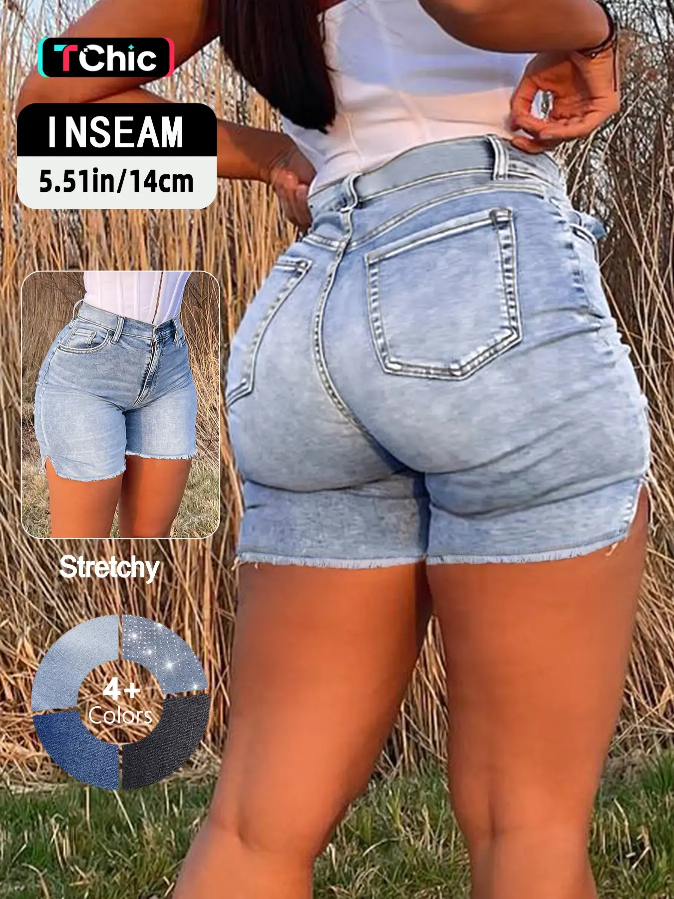 GILIPUR Women's Light Blue High Waist Elasticity Denim Shorts, Y2K Vintage Side Split Frayed Hem Mid Length Jean Shorts, Casual Streetwear Slim Fit Shorts for Summer, Beach & Daily Wear TChic