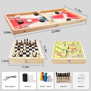Chess Board Set 3-in-1, Foldable Large Size Sling Puck Game, Table Top Snake and Ladder Board Game, Foosball Winner Wooden Game Toy for Adults Kids Family