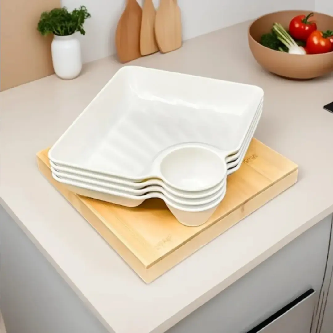 5pcs Sauce Separated Plate, Reusable Chip and Dip Serving Set, Japanese Dumpling Plate with Dipping Saucer, Divided Snack Plates,Simple Square Design for Appetizers, Snacks,Fried Chicken,Sushi (White)