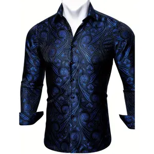 Men's Red & Blue Paisley Floral Shirt - Long Sleeve Button-Up Mandarin Collar, Regular Fit All-Season Formal & Casual Shirt for Work Smart Style
