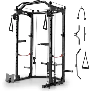 All-in-One Power Cage with Cable System, 2000LBS Heavy Duty Squat Rack with Multi-Grip Pull Up Bar, J-Hooks & Landmine, Multi-Functional Home Gym Equipment for Full Body Workout, Includes 20+ Training Accessories