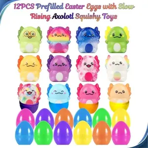 12PCS Prefilled Easter Eggs with Slow Rising Axolotl Squishy Toys – Candy-Free Easter Basket Stuffers for Kids, Egg Hunt Kit & Party Favors