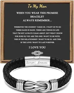 Gift for Men Black Braided Leather Infinity Bracelet for Men Dad Husband Boyfriend Son Grandson Brother Nephew Uncle Forever Linked Together Stainless Steel Engraved with Love You Forever Jewelry 7.5|8.5|9 Inches