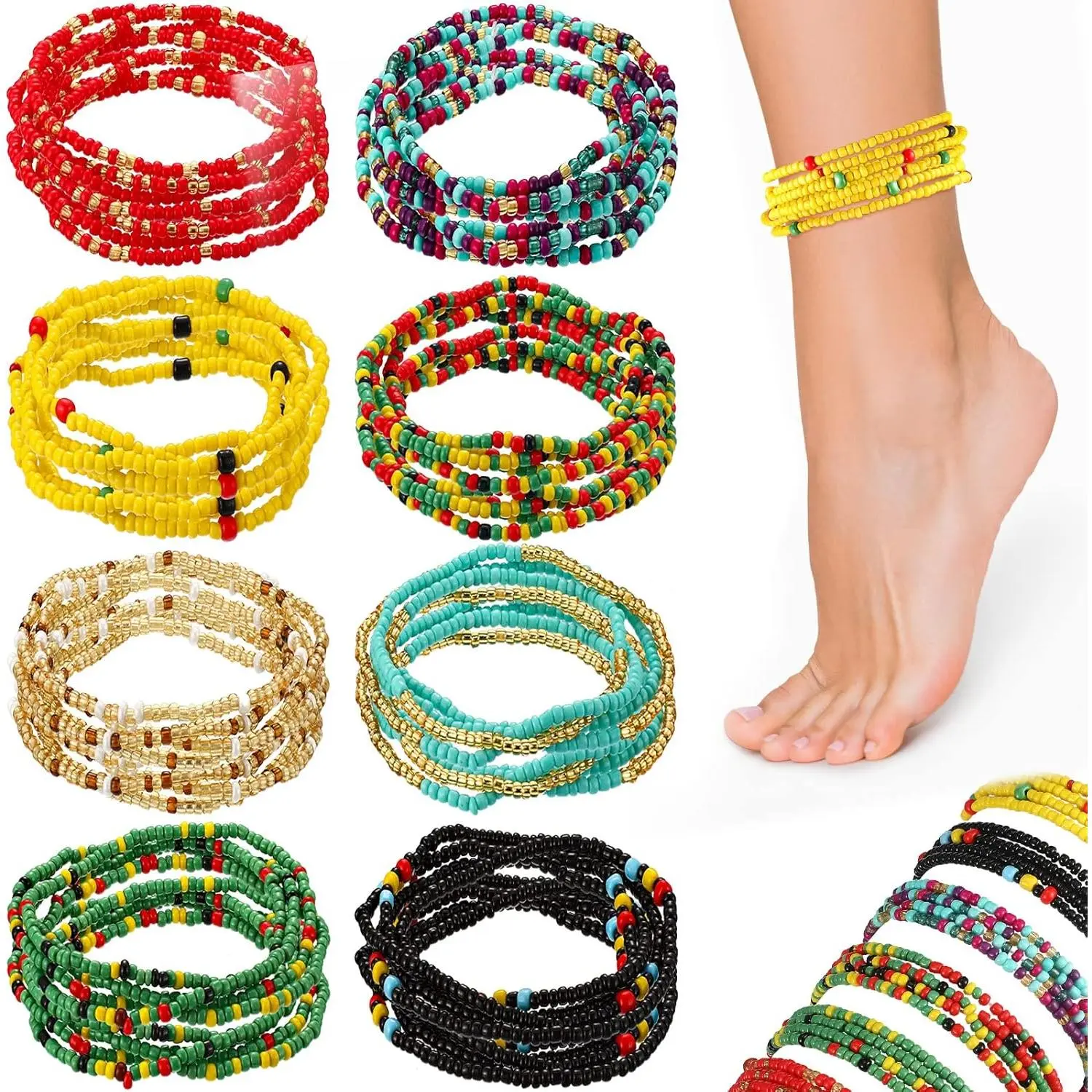 Women's 8-Pcs Boho Handmade Beaded Anklets, African Colorful Layered Stretchy Seed & Glass Bead Foot Chains, Festive Summer Fabric Costume Jewelry