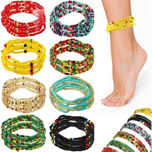 8 Pcs Boho Handmade Beaded Anklets for Women African Multicolor Layered Stretch Seed Beaded Anklets for Women Elastic Boho Bracelets Glass Bead Elastic Foot Chain for Summer Foot Jewelry
