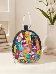 Cat Pattern Mini Wallet, Lightweight Zipper Coin Purse with Hook Clip, Earphone Key Bag, Unisex Casual Style, All Seasons