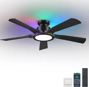 Kviflon Ceiling Fans for hallway ceiling, with Dimmable RGB Ring Light, with Lights and Remote/APP Control, 52" Low Profile Flush Mount Ceiling Fan 5 Reversible Curved Blades 3 CCT 6 Speeds  Black | 8241 Lighting Modes Adjustable