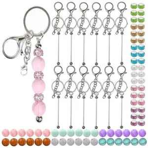 84Pcs Beadable Keychains Set, Keychains Bulk for Keychain Making Accessories with beadable Keychain bar Silicone Beads Spacer Beads