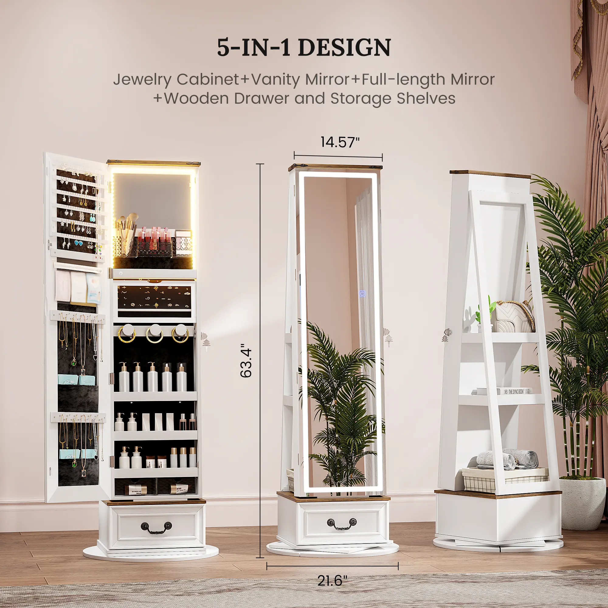 Miuvanity 5-in-1 360 Swivel Jewelry Cabinet with LED Light，Lockable Jewelry Mirror Cabinet，Standing Jewelry Armoire，Frameless Full-Length Mirror，3 Storage Shelves Gift Idea Decor，Mirror with storage