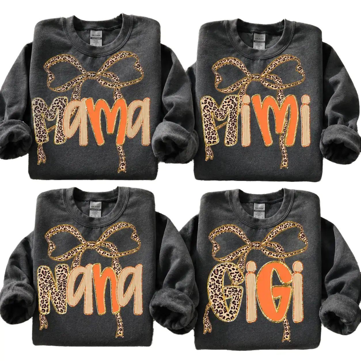 Custom Mama Mimi Nana Gigi Sweatshirt, Leopard Bow Family Crewneck, Coquette Charcoal Shirt, Cute Fall Gift for Women, Grandma Mom Personalized Sweatshirt, Trendy Animal Print Family Top -DarkFlex