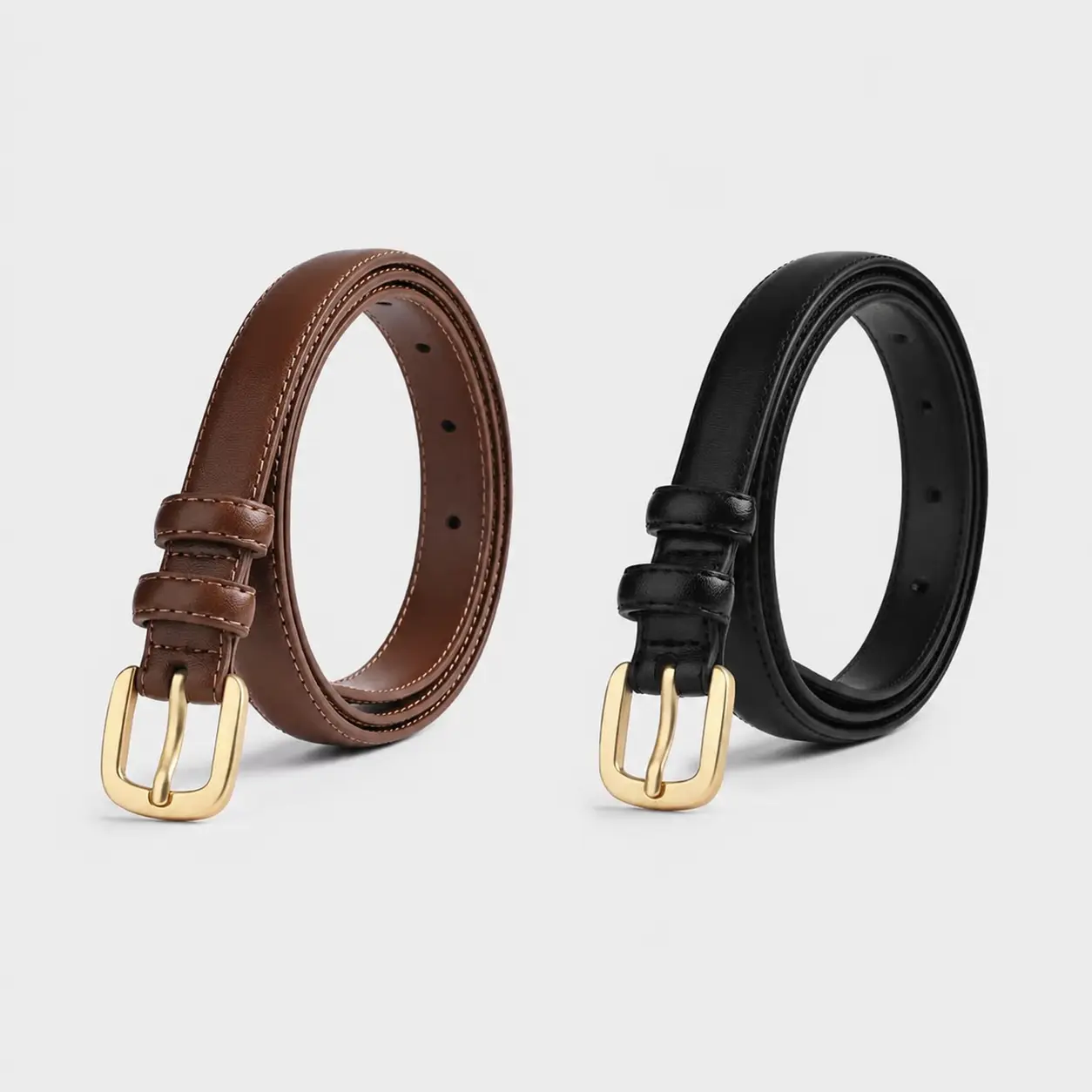 Women's Adjustable Skinny PU Leather Belt with Square Pin Buckle - 105x1.8cm, Belts for Women, Female Daily Wear Accessory for Jeans & Dresses (Black, Brown), Adjustable Fit